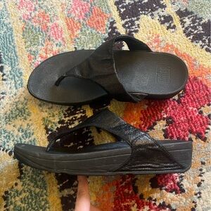 Fit Flop Black Glitter Comfort Thong  Platform Low Wedge Sz 10